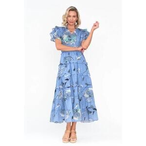 Maude Vivante Sana Blue Dandelion Cotton Tiered Maxi Dress‎ Boho Cottagecore S